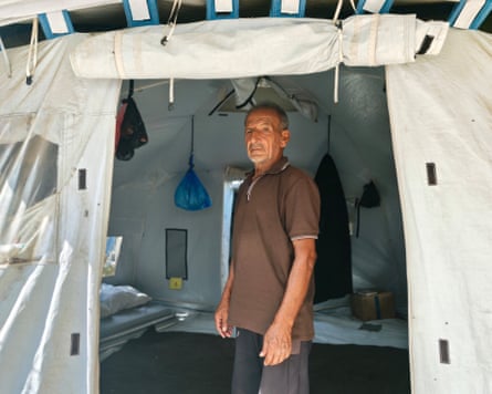 Saleh Kilani in a makeshift tent in Deir al-Balah in southern Gaza.