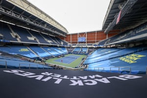 “Black Lives Matter” is seen in the Louis Armstrong Stadium as Angelique Kerber of Germany plays against Ajla Tomljanovic of Australia.