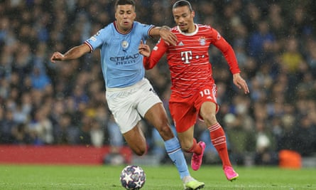 Rodri of Manchester City tackles Leroy Sane of Bayern Munich in his first leg