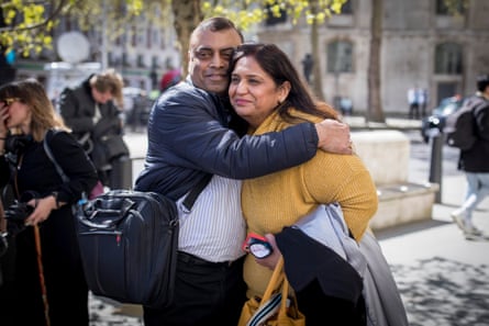 Seema Misra, a former post office operator, with her husband, Davinder, outside the Royal Courts of Justice, London. She has been cleared of theft from the Post Office after being convicted and jailed in 2010.