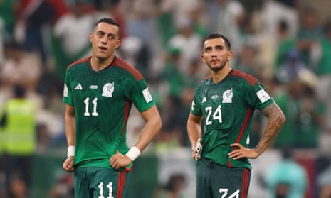 Mexico's Rogelio Funes Mori and Luis Chavez look dejected after the match as are eliminated from the World Cup.
