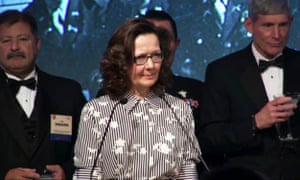 This October 2017 videograb still image courtesy of the OSS Society shows Gina Haspel, deputy director of the CIA speaking at an award dinner in Washington.