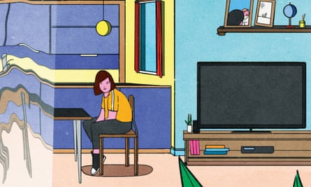 Detail of an illustration showing a girl sitting at a table looking glum, with a TV behind her