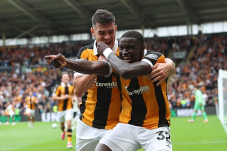 Hull City's Nobel Mendy celbrates scoring City's second goal