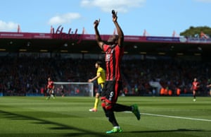 Benik Afobe celebrates scoring Bournemouth’s second goal as they battered Middlesbrough 4-0 at the Vitality Stadium.
