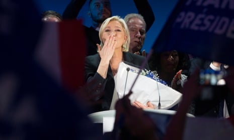 Marine Le Pen delivers a speech after finishing second of the first round of the French presidential elections in Hénin-Beaumont.
