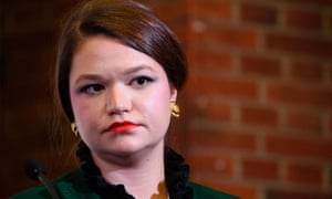 Brittany Kaiser, the then director of program development at Cambridge Analytica, takes part in a press briefing by Leave.EU in London on November 18, 2015.