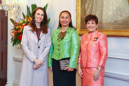 Prime Minister Jacinda Ardern, Minister for the Prevention of Family and Sexual Violence and Associate Minister of Housing (Homelessness) Marama Davidson, and Governor-General Dame Patsy Reddy pose during a swearing-in ceremony at Government House on November 06, 2020 in Wellington, New Zealand.