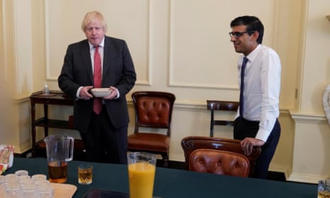 A photo of then PM Boris Johnson and then chancellor Rishi Sunak at a No 10 gathering for Johnson’s birthday on 19 June, 2020, released as part of Sue Gray’s report into Partygate.