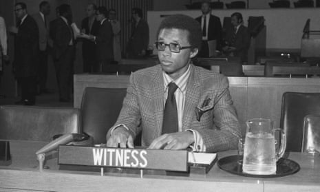 Arthur Ashe participates in a hearing on apartheid, at the United Nations in New York.