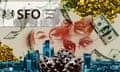 composite illustration: the UK Serious Fraud Office doorplate, dollar bills floating around, the skyline of the City of London, mining drills and ore, and the eyes of Alijan Ibragimov, Patokh Chodiev and Alexander Mashkevitch