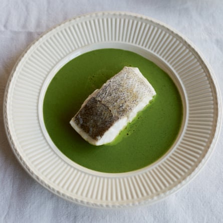 Hake with parsley, dill and anchovy sauce.