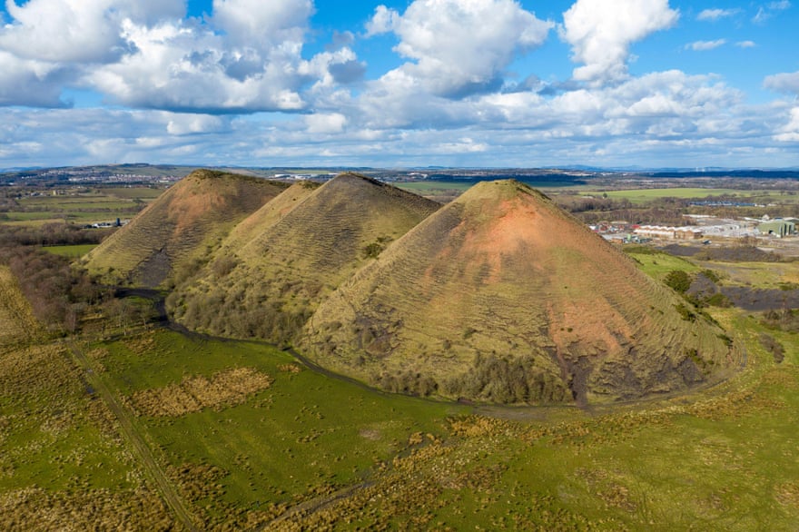 Aerial view of the Five Sisters shale bing, West Calder, West Lothian, Scotland.