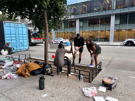 A homeless encampment outside the Martin Luther King Jr Memorial Library in Washington DC on 14 August 2025.