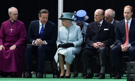 Archbishop of Canterbury Justin Welby, British prime minister David Cameron, Queen Elizabeth II, Prince Philip and Prince William at the ceremony.