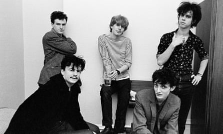 The Birthday Party in a Leeds hotel room in Leeds in 1981. (L-R) Mick Harvey, Tracy Pew, Phill Calvert, Roland S Howard and Nick Cave