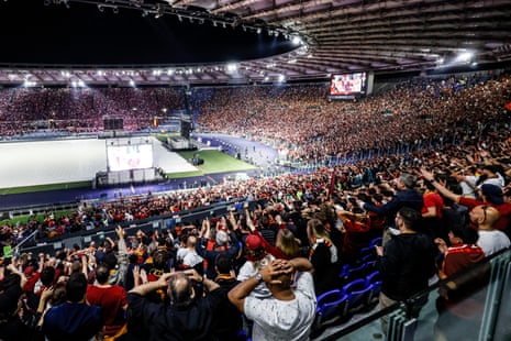 Roma supporters watching a broadcast of the Europa League final at the Olimpico Stadium in Rome, react after Andrea Belotti went close to putting their side ahead.
