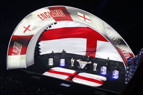 The England flag is displayed on a screen during the draw for the 2026 FIFA World Cup