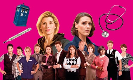 Doctor Who (background left), Doctor Foster (background right) and the cast of Doctors (foreground).