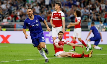 Eden Hazard celebrates scoring for Chelsea against Arsenal in the 2019 Europa League final. It would prove to be the Belgian’s final appearance for the west London club