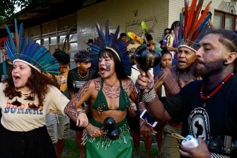 Tapajos Arapiuns Indigenous Council members dance after a press conference at the Cop30 People’s Summit, at the Federal University of Para.