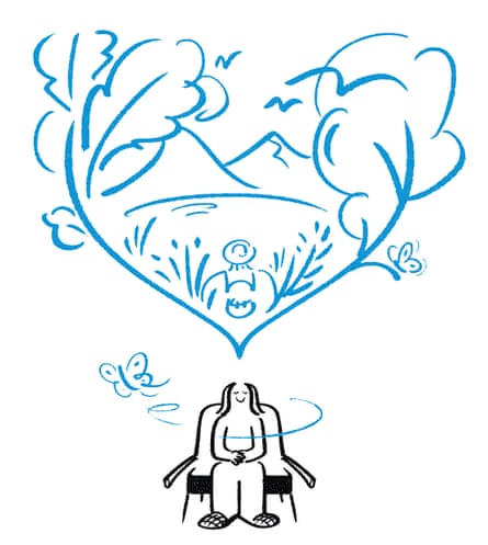 Illustration of someone sitting on a seat, with leaves and mountains and birds coming out of their head, and a butterflying flying round them