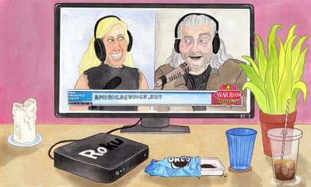 illustration of TV split screen that shows bannon and greene talking, with a few snacks in front of the tv and a melting candle and plant that looks unhealthy
