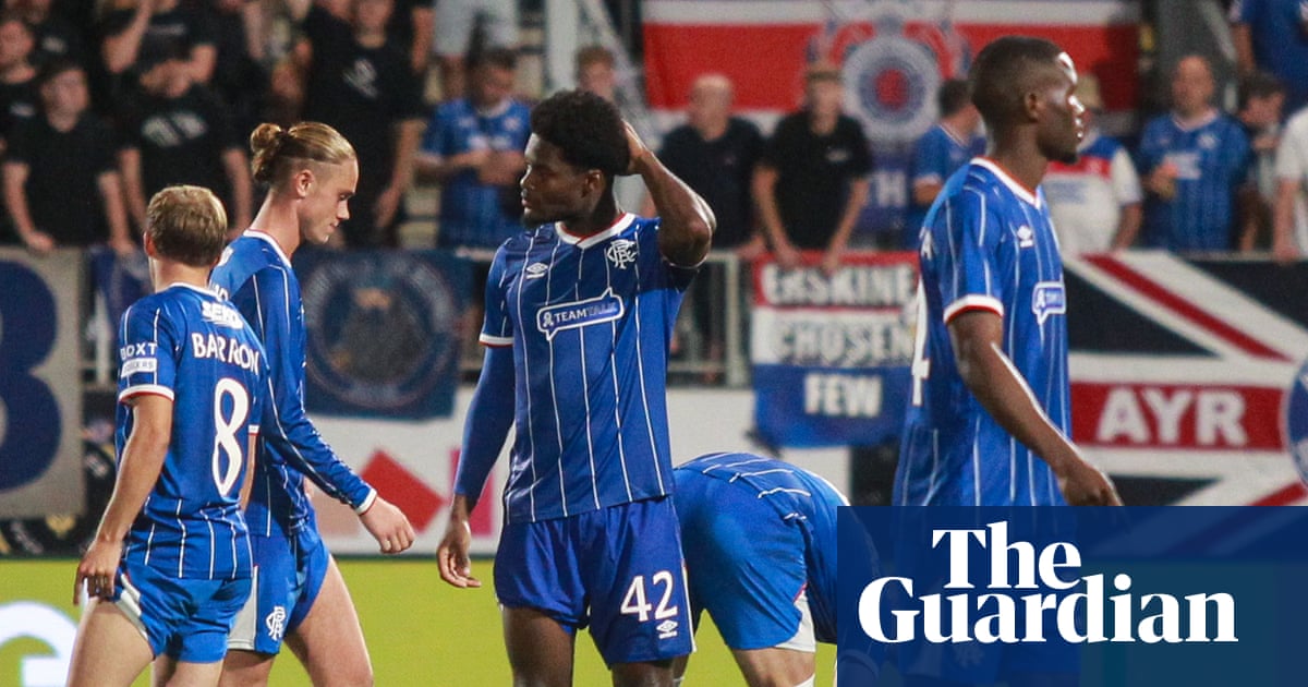 Rangers players dejected on the pitch at Stadion Strelnice after being knocked out of the Conference League on penalties by Jablonec