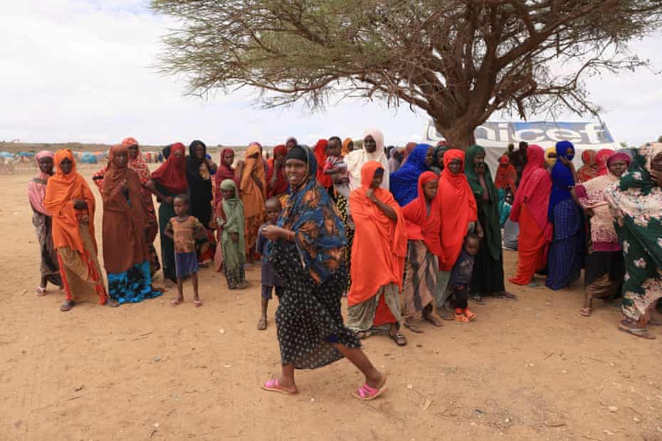 Displaced people queue to receive food aid at the Higlo camp in Gode, a town in the Somali region of Ethiopia last week.