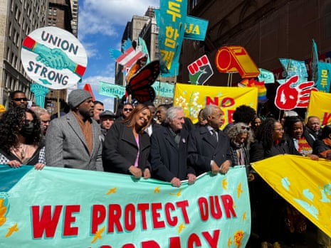 Demonstrators gather for a No Kings march in New York City on 28 March 2026.