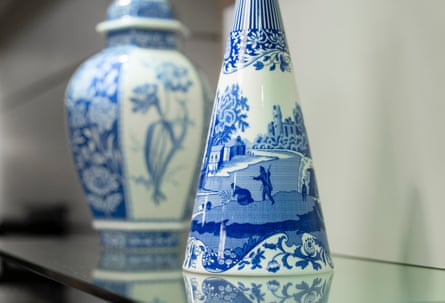 White ceramics with blue illustrative designs