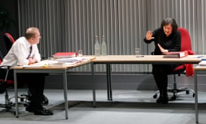 Thomas Wheatley as Philippe Sands and Diane Fletcher as Clare Short in Called to Account at the Tricycle in 2007.
