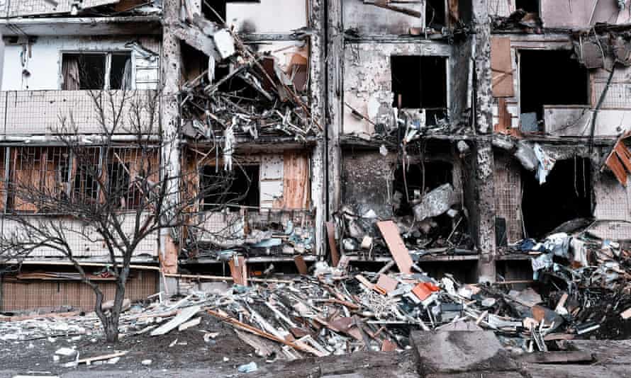 A property in Kyiv is heavily damaged from an explosion.