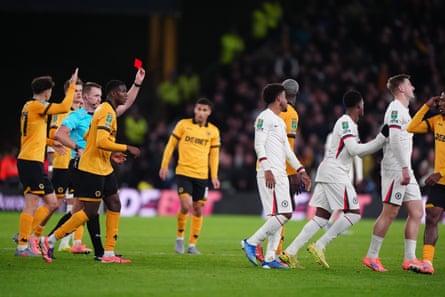 Chelsea’s Liam Delap (second from right) is sent disconnected by nan referee Jarred Gillett