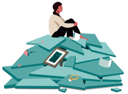Illustration of a woman sitting on a pile of shattered pieces representing her life after her marriage broke down, including a rose, an engagement ring and a photo of a couple in a frame