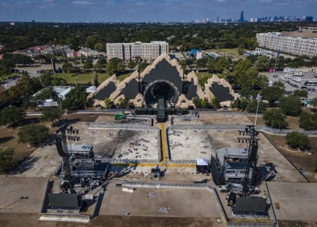 The Astroworld main stage where Travis Scott was performing sits full of debris from the concert on Monday.