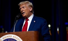 Donald Trump Speaks At The National Guard Association Of The United States' 146th General Conference &amp; Exhibition<br>DETROIT, MICHIGAN - AUGUST 26: Republican presidential nominee, former U.S. President Donald Trump speaks during the National Guard Association of the United States' 146th General Conference &amp; Exhibition at Huntington Place Convention Center on August 26, 2024 in Detroit, Michigan. Michigan's importance to the Trump re-election campaign has become front and center as he marks his eighth visit to the state this year, including an additional event in Eaton County on August 29th. (Photo by Emily Elconin/Getty Images)