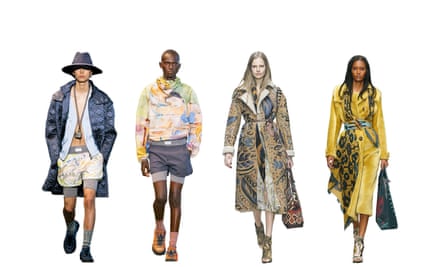 Under the Charleston influence: Dior menswear collection, summer 2023 (far left and second left); Burberry Prorsum, autumn/winter 2014 (far right and second right).