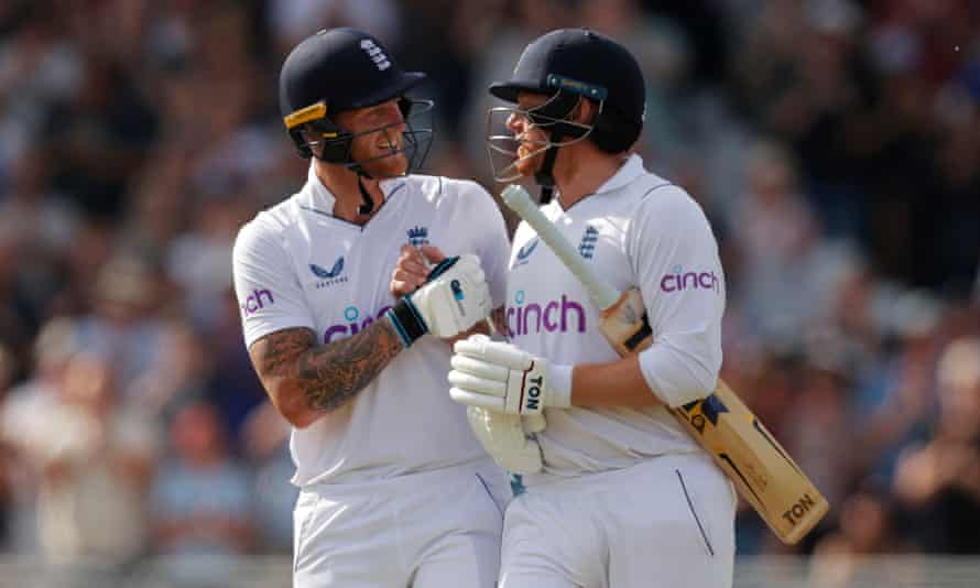 England’s Ben Stokes shakes hands with Jonny Bairstow after he loses his wicket for 136 runs.