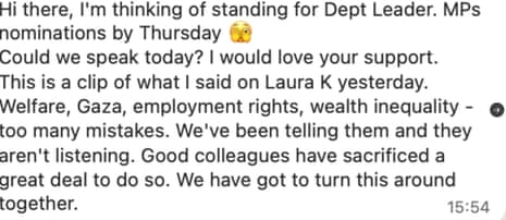 Screenshot of message from Emily Thornberry to Labour MPs