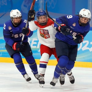Winter Olympics day seven: Shaun White bows out, curling and more – live! | Sport 7 Katerina Mrazova of the Czech Republic finds little room between US players Savannah Harmon and Megan Bozek.