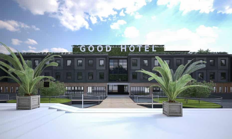 An artist's impression of how the social enterprise hotel, the Good Hotel, will look when it is moored at its London dock. The hotel is a 144-room property built on a large floating platform.