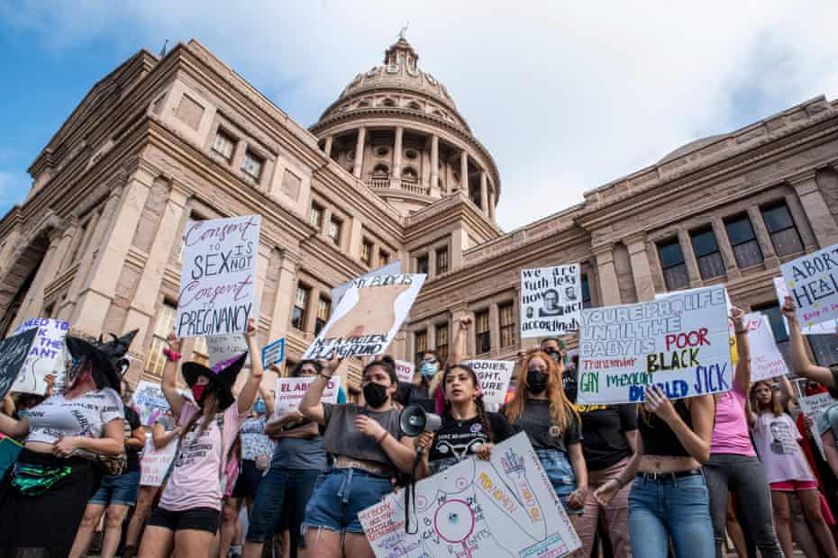 Protesters at the Women’s March and Rally for Abortion Justice at the State Capitol in Austin, Texas, on 2 October 2021.