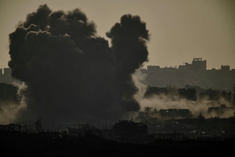 Smoke rises to the sky after an Israeli bombardment in the Gaza Strip as seen from southern Israel, Thursday, 22 May 2025.