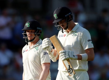 Ireland’s Kevin O’Brien and Boyd Rankin walk off at the end of the Ireland innings.