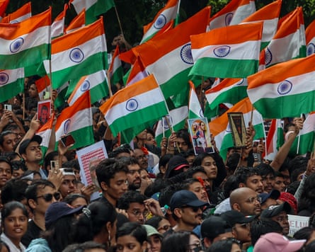 Supporters of the Cockroach Janta party (CJP) celebrate the resignation of education minister Dharmendra Pradhan, Mumbai, India, 26 July 2026.
