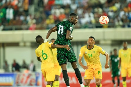 Nigeria’s Paul Onuachu wins a header during their World Cup qualifier against South Africa successful June 2024, which vanished 1-1