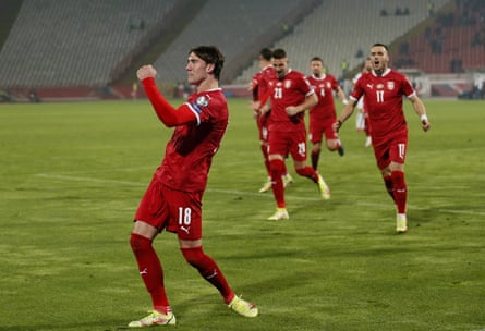 Dusan Vlahovic scores against Azerbaijan in qualifying for Qatar