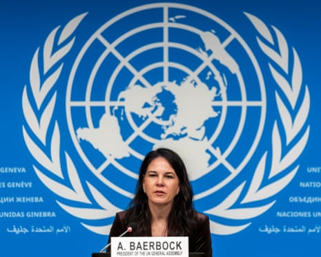 President of the United Nations General Assembly Annalena Baerbock speaks during a press conference at the 61st session of the UN Human Rights Council, at the European headquarters of the United Nations in Geneva, Switzerland.