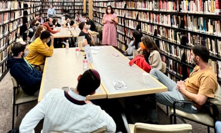 Morgan Blum Schneider, Director of the JFCS Holocaust Center in San Francisco, leads students in a workshop on the Holocaust and contemporary antisemitism.